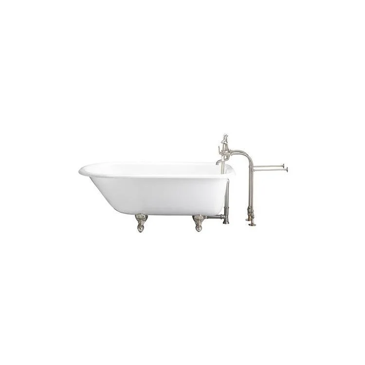 Tub Kit Brocton 67 Inch Cast Iron White Kit Includes Brushed Nickel Tub Filler with Handshower 30 Inch Freestanding Tub Supplies and Tub Drain Non-Skid Strips Ball and Claw Feet Elephant Spout Porcelain Lever Cradle Hose