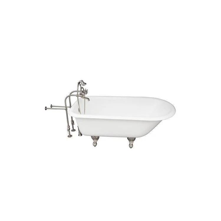 Tub Kit Brocton 67 Inch Cast Iron White Kit Includes Brushed Nickel Tub Filler with Handshower 30 Inch Freestanding Tub Supplies and Tub Drain Non-Skid Strips Ball and Claw Feet Elephant Spout Metal Cross Cradle Hose