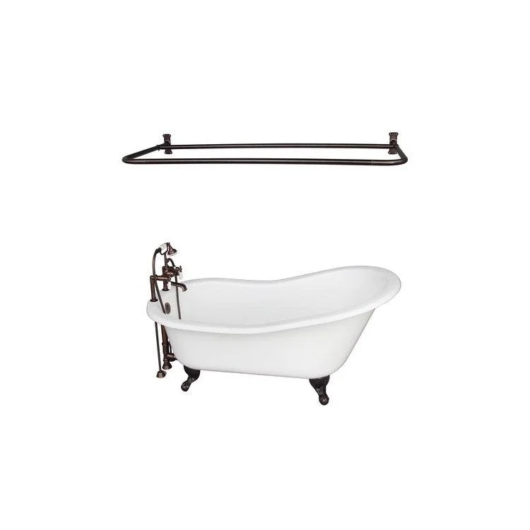 Tub Kit Icarus 67 Inch Cast Iron White Kit Includes Oil Rubbed Bronze Tub Filler with Handshower Shower Rod 24 Inch Straight Bath Supplies and Tub Drain Ball and Claw Feet Elephant Spout Porcelain Lever Cradle Hose