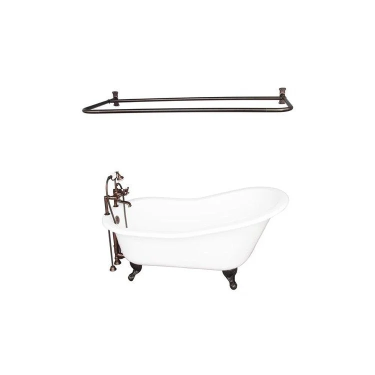 Tub Kit Icarus 67 Inch Cast Iron White Kit Includes Oil Rubbed Bronze Tub Filler with Handshower Shower Rod 24 Inch Straight Bath Supplies and Tub Drain Ball and Claw Feet Elephant Spout Metal Cross Cradle Hose