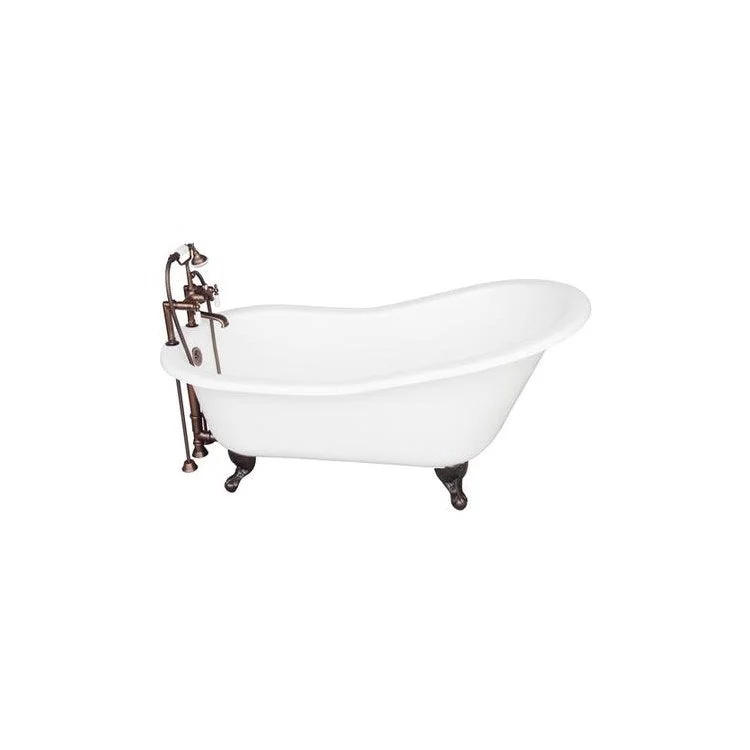 Tub Kit Griffin 60 Inch Cast Iron White Kit Includes Oil Rubbed Bronze Tub Filler with Handshower 24 Inch Straight Bath Supplies and Tub Drain Non-Skid Strips Ball and Claw Feet Elephant Spout Porcelain Lever Cradle Hose