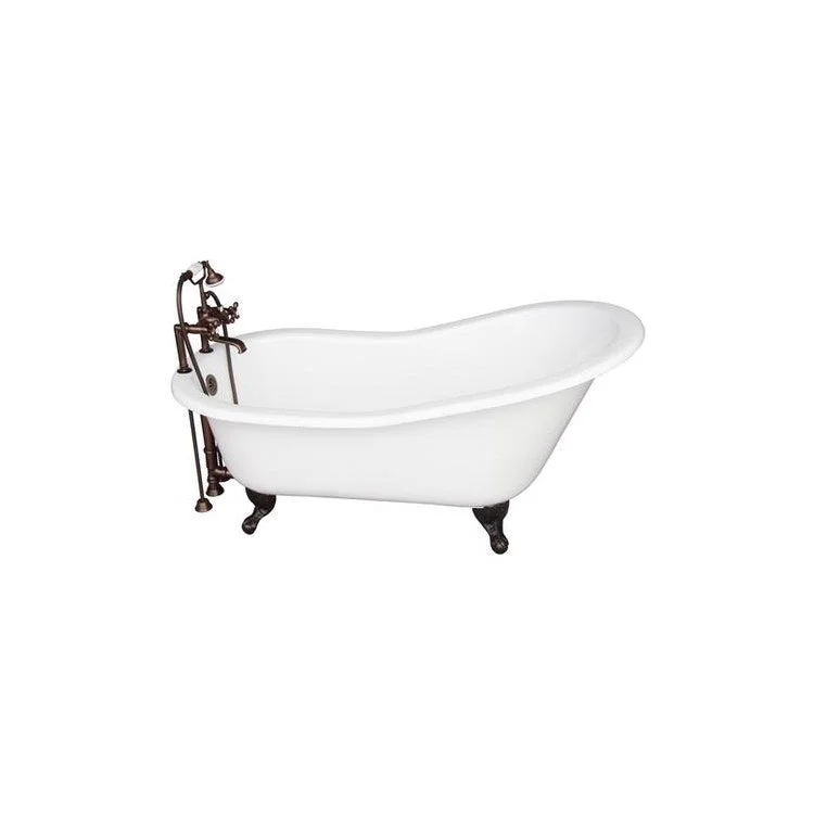 Tub Kit Griffin 60 Inch Cast Iron White Kit Includes Oil Rubbed Bronze Tub Filler with Handshower 24 Inch Straight Bath Supplies and Tub Drain Non-Skid Strips Ball and Claw Feet Elephant Spout Metal Cross Cradle Hose