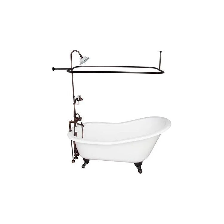 Tub Kit Griffin 60 Inch Cast Iron White Kit Includes Oil Rubbed Bronze Tub Filler with Handshower Riser Showerhead Rectangular Shower Rod 24 Inch Straight Bath Supplies Tub Drain Non-Skid Strips Ball Claw Feet Elephant Spout Porcelain Lever Cradle Hose