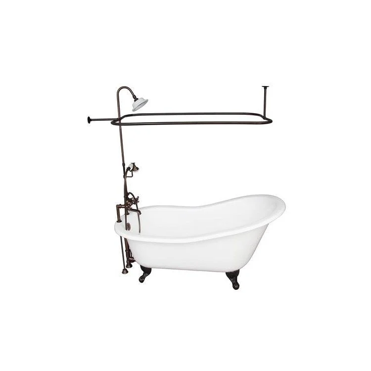 Tub Kit Griffin 60 Inch Cast Iron White Kit Includes Oil Rubbed Bronze Tub Filler with Handshower Riser Showerhead Rectangular Shower Rod 24 Inch Straight Bath Supplies and Tub Drain Non-Skid Strips Ball and Claw Feet Elephant Spout Cross Cradle Hose