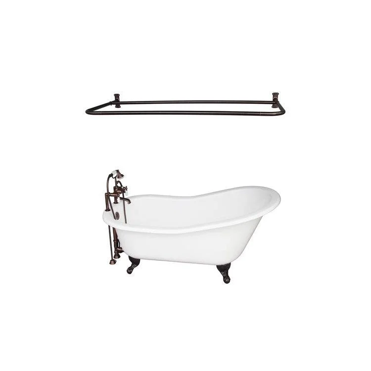 Tub Kit Griffin 60 Inch Cast Iron White Kit Includes Oil Rubbed Bronze Tub Filler with Handshower Shower Rod 24 Inch Straight Bath Supplies and Tub Drain Non-Skid Strips Ball and Claw Feet Elephant Spout Porcelain Lever Cradle Hose