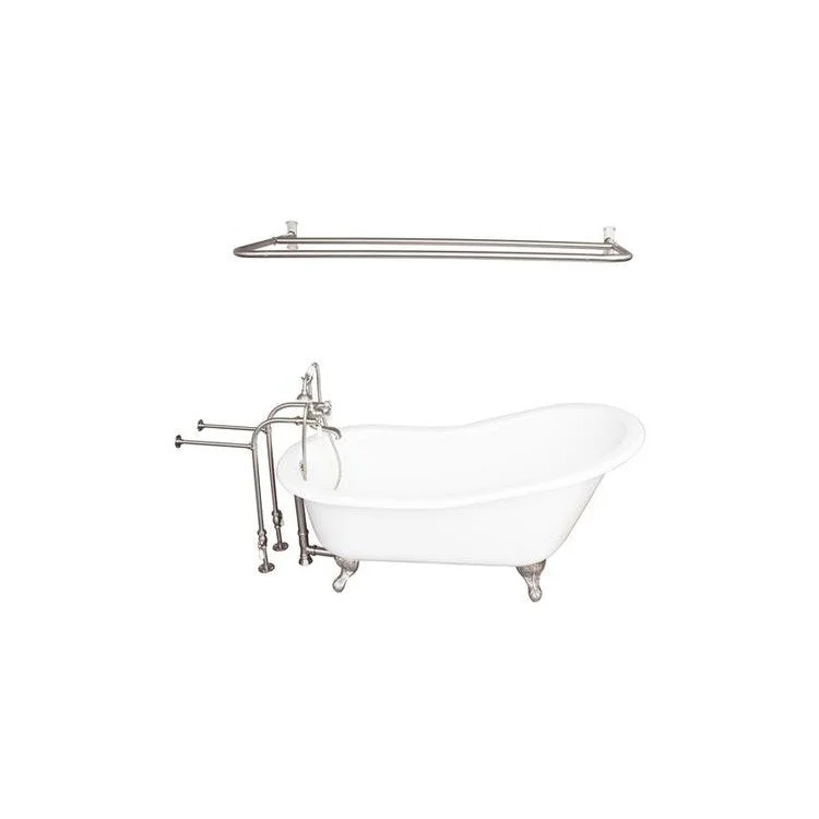 Tub Kit Icarus 67 Inch Cast Iron White Kit Includes Brushed Nickel Tub Filler with Handshower Shower Rod 30 Inch Freestanding Bath Supplies and Tub Drain Ball and Claw Feet Elephant Spout Porcelain Lever Cradle Hose