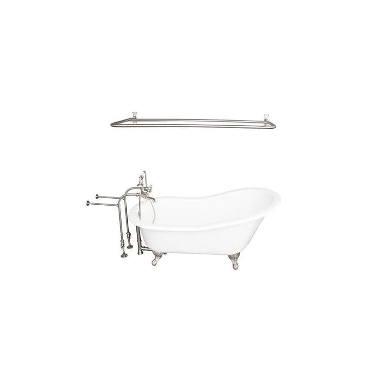 Tub Kit Icarus 67 Inch Cast Iron White Kit Includes Brushed Nickel Tub Filler with Handshower Shower Rod 30 Inch Freestanding Bath Supplies and Tub Drain Ball and Claw Feet Elephant Spout Metal Cross Cradle Hose